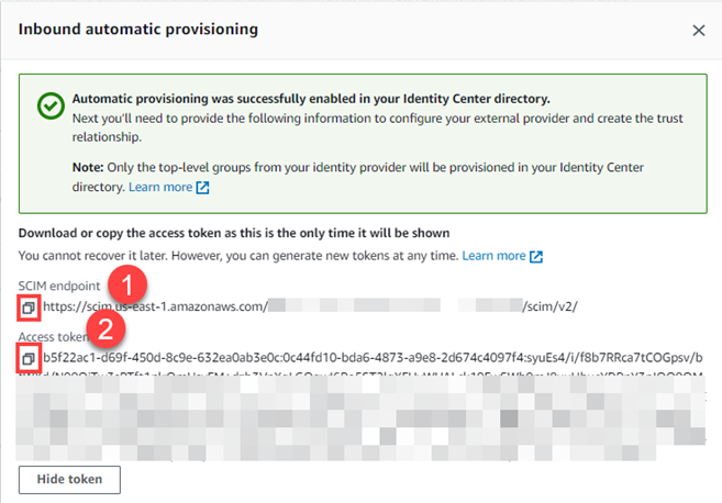 The diagram illustrates SCIM endpoint URL and Access token information.