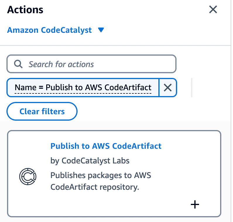 This image shows the Publish to AWS CodeArtifact action from the action drop down list in Amazon CodeCatalyst Workflow.