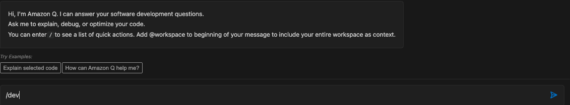 Invoking /dev in the Amazon Q chat window