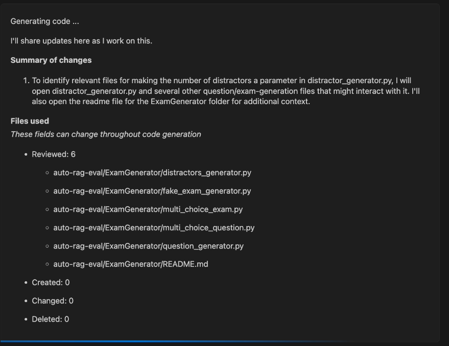 The agent reports a summary of changes in real-time and lists files used