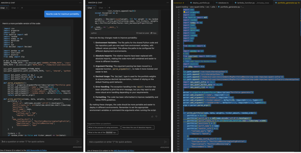 This image shows three side-by-side panels of code and explanations in an Amazon Q chat interface. The left panel displays Python code with various import statements and function definitions. The middle panel contains a summary of key changes made to improve code portability, including the use of environment variables, absolute imports, argument parsing, decimal usage, error handling, and formatting. The right panel shows more detailed Python code with import statements, function definitions, and file path configurations. All panels have a dark theme with light-colored text on a dark background. The interface includes options for asking questions or accessing quick actions at the bottom of each panel.