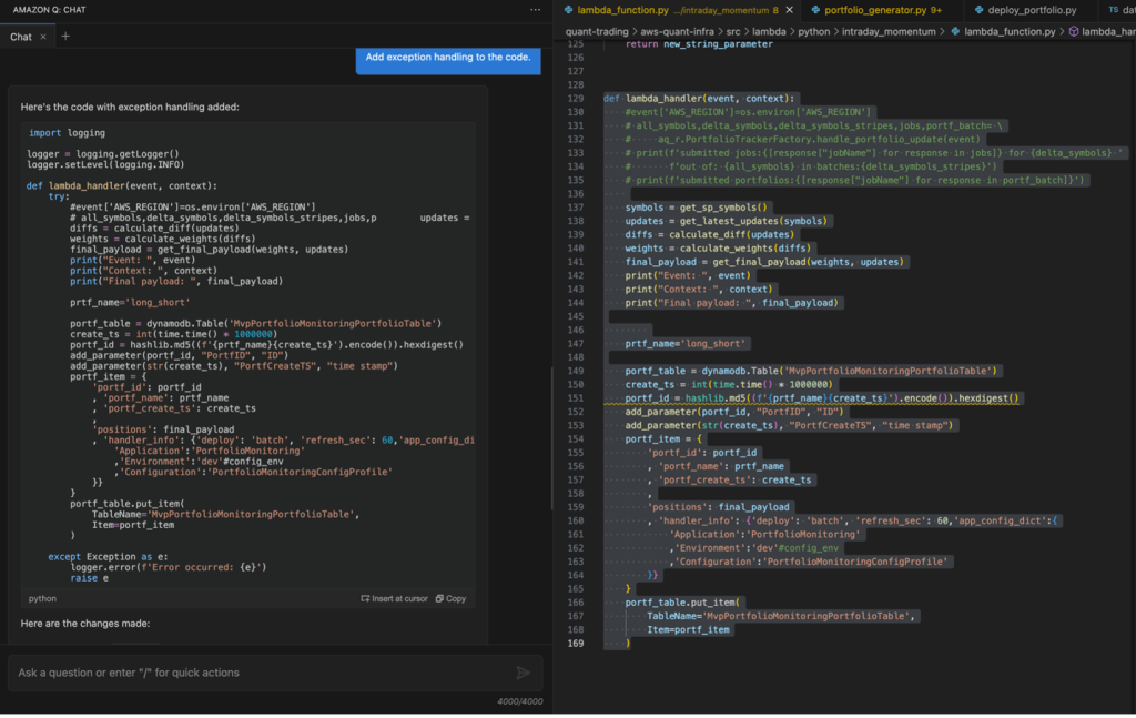 This image shows a split-screen interface with an Amazon Q chat on the left and a code editor on the right, both using a dark theme. The left side displays a chat conversation about adding exception handling to the code. It shows Python code for a Lambda function with newly added exception handling, including imports for logging and a try-except block. The right side shows the original Python code for the Lambda function in a code editor. The code includes functions for handling portfolio updates, interacting with DynamoDB, and processing various data elements. At the top of the screen, there are multiple tabs open in the code editor, including "lambda_function.py", "portfolio_generator.py", and "deploy_portfolio.py". The image demonstrates the process of improving the Lambda function code by adding error handling based on the chat conversation's recommendations.