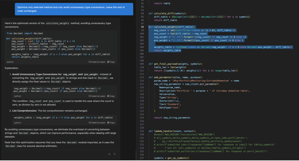 A screenshot of a code editor displaying Python code with a dark background theme. The image shows multiple functions and methods, including 'calculate_weights', 'get_final_payload', and 'add_parameter'. On the left side, there's a blue banner with instructions to optimize a selected method and avoid unnecessary type conversions. Below this, an explanation of the optimized 'calculate_weights' method is provided, highlighting changes made to improve performance. The code is syntax-highlighted, making different elements like functions, variables, and comments easily distinguishable.