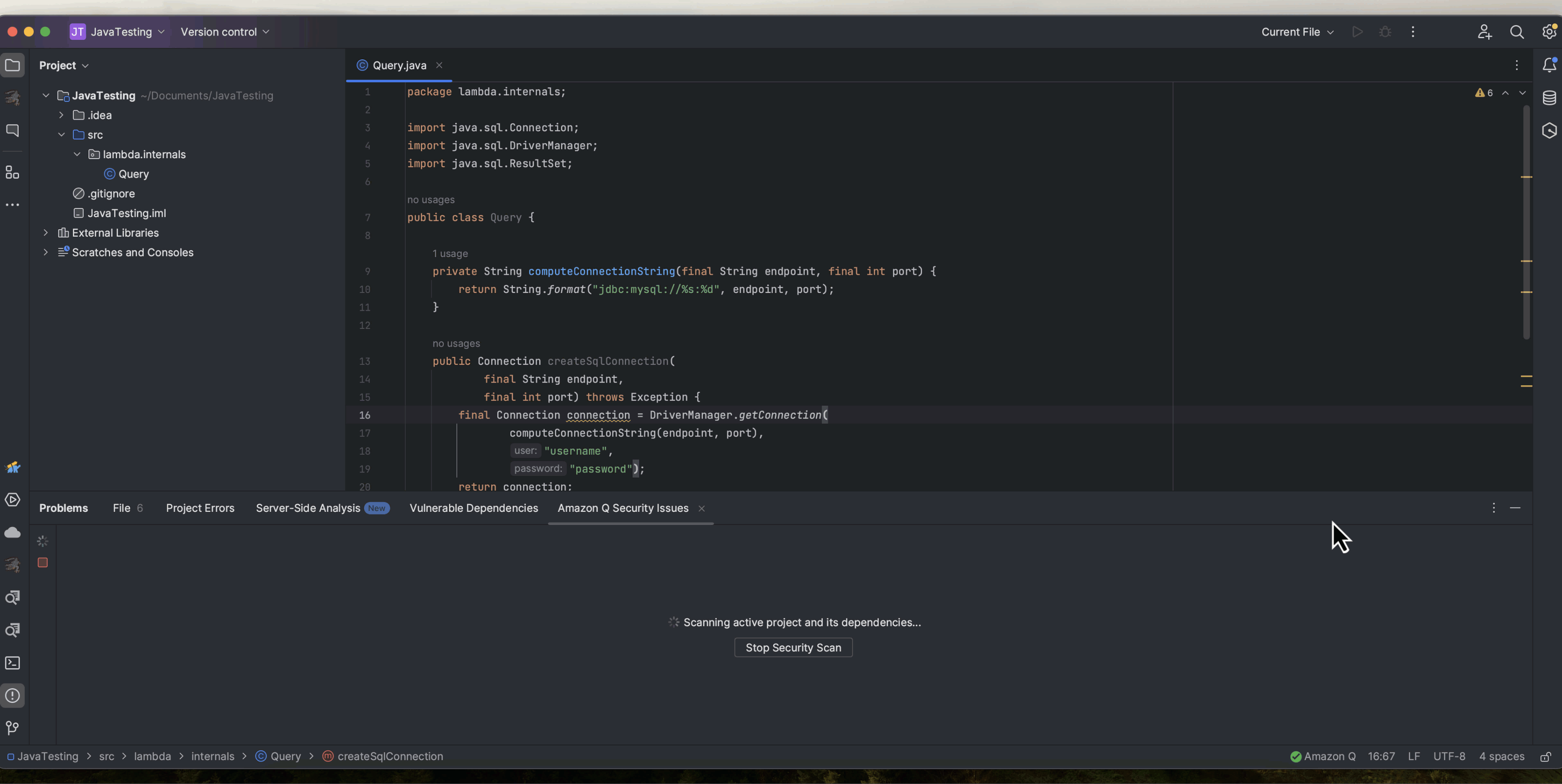 In the IntelliJ IDE, Amazon Q has completed the scan and a list of all the vulnerabilities appears in a new tab named Amazon Q Security Issues. User selects a vulnerability from the list. This opens the file where the vulnerability was found and cursor is placed on the location of the hardcoded password in the codebase. User hovers the cursor on the highlighted issue. This brings up a window with information on the detected vulnerability including the CWE and options of how to resolve the problem.