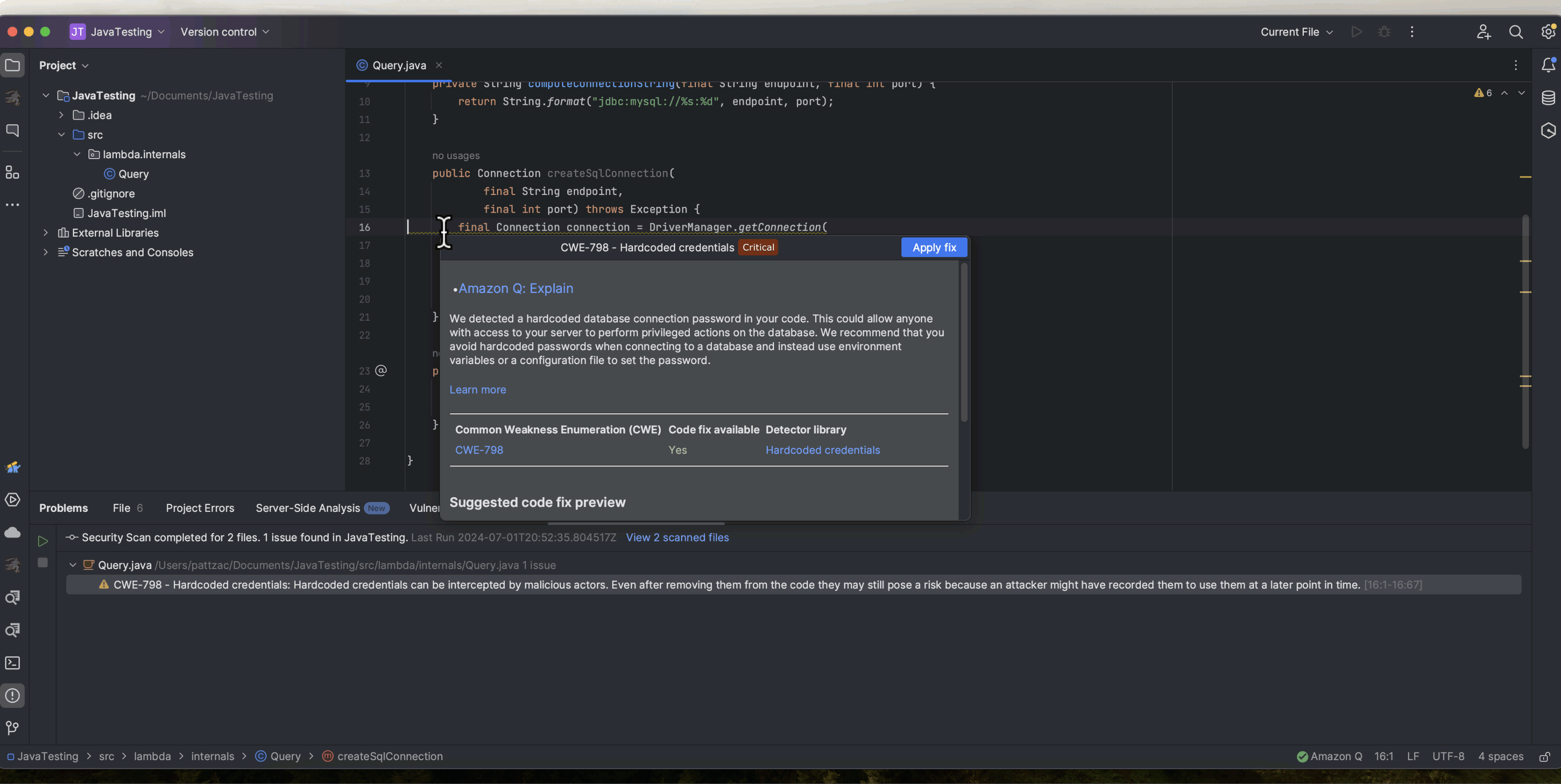 In the IntelliJ IDE, user selects the Amazon Q: Explain option in the information window. This sends the prompt to the Amazon Q Chat window where Amazon Q provides a detailed explanation of the vulnerability. It follows up with a suggestion to pull the password from environment variables along with an explanation about how this circumvents the issue. 