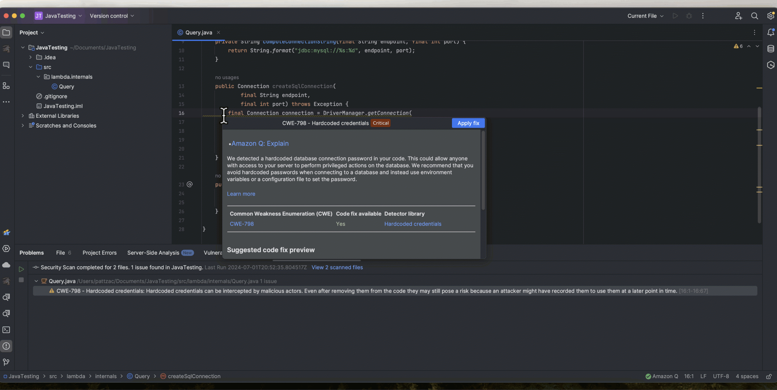 In the IntelliJ IDE, information window with details of the vulnerability detected by Amazon Q is shown. user There is a green Yes under Code fix available in the information window. User reviews the suggested changes under the Suggested code fix preview section and then clicks on the Apply fix button on the top right corner of the information window. This replaces the hard-coded password with the code for access to environment variables.