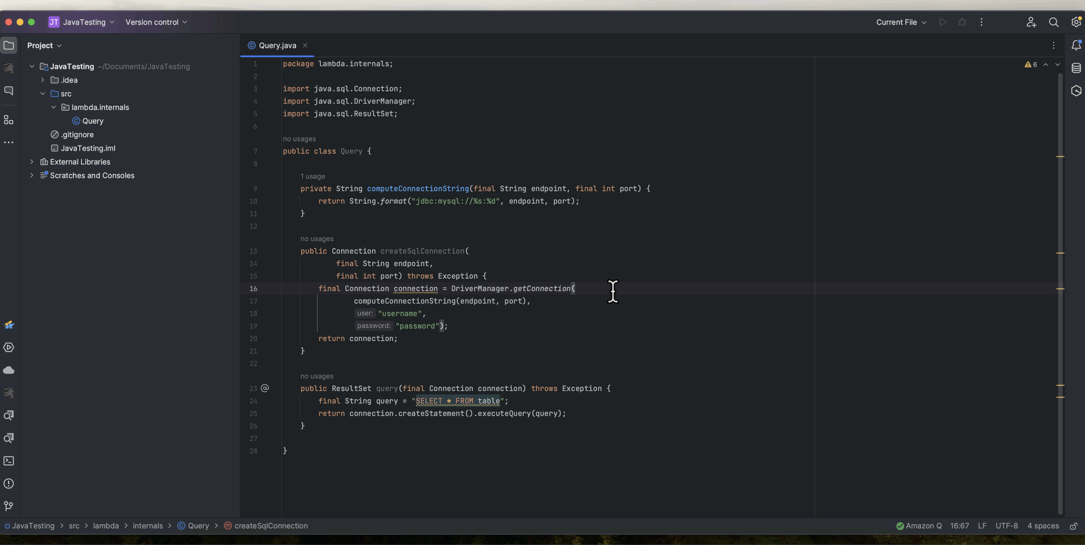 In the IntelliJ IDE, user selects Amazon Q from the navigation bar at the bottom of the IDE. This brings up the Amazon Q Developer menu. Under the section for Security Scans, there is selection for Run Project Scan. User clicks on this option, and Amazon Q performs a security scan of the entire codebase