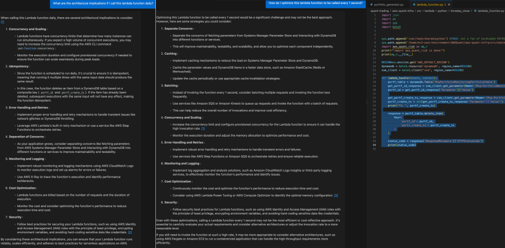 A split-screen image showing two chat conversations and a code editor. The left panel discusses architectural implications of calling a Lambda function daily, covering topics like concurrency, idempotency, error handling, separation of concerns, monitoring, and security. The middle panel offers optimization strategies for calling a Lambda function every 1 second, including separating concerns, caching, batching, and scaling. The right panel shows Python code for a Lambda function, including imports and a function definition dealing with DynamoDB operations.A split-screen image showing two chat conversations and a code editor. The left panel discusses architectural implications of calling a Lambda function daily, covering topics like concurrency, idempotency, error handling, separation of concerns, monitoring, and security. The middle panel offers optimization strategies for calling a Lambda function every 1 second, including separating concerns, caching, batching, and scaling. The right panel shows Python code for a Lambda function, including imports and a function definition dealing with DynamoDB operations.