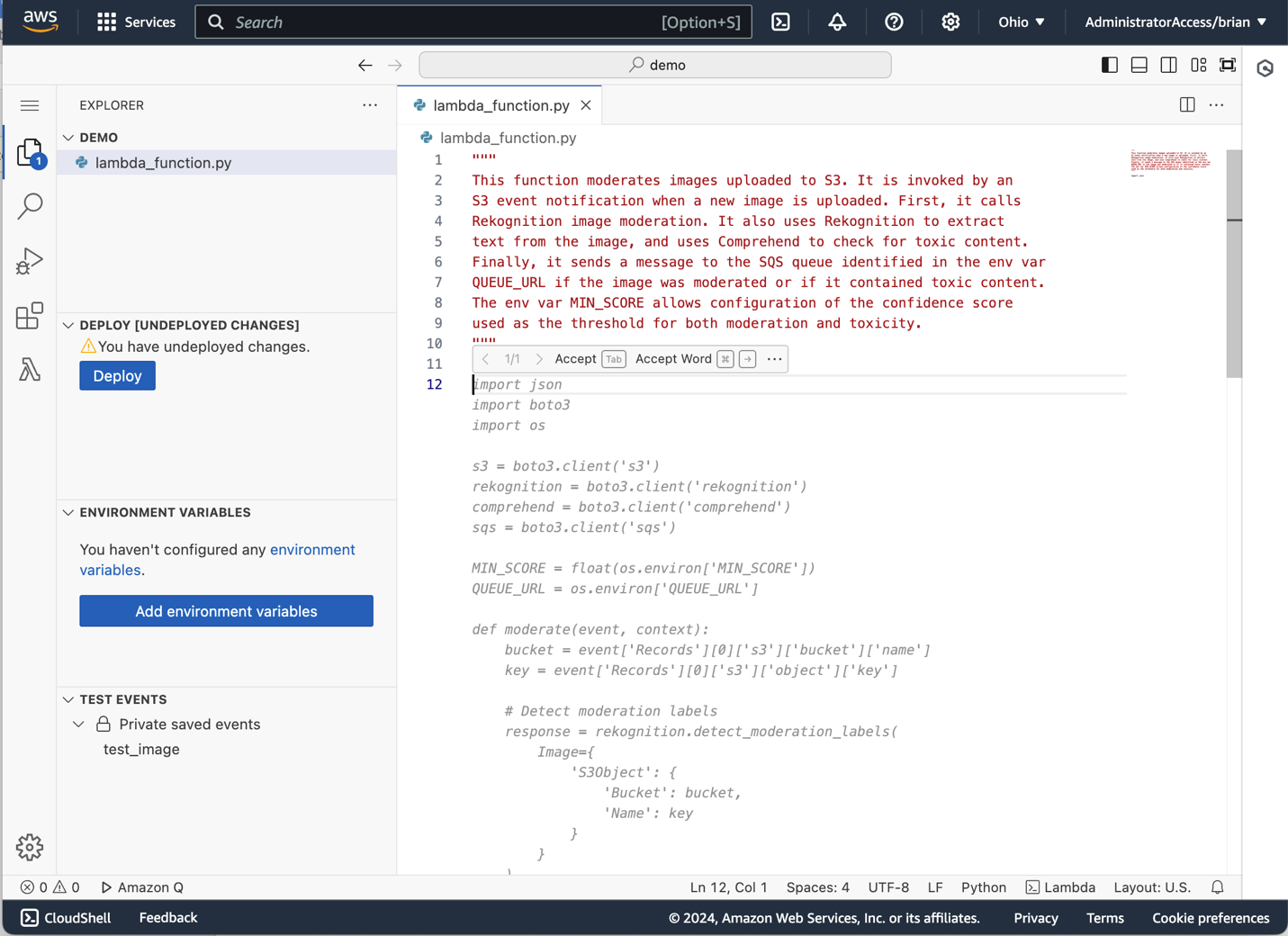 Screenshot of the AWS Lambda code editor showing a Python function for image moderation. The code includes comments describing the function's purpose and a popup with initial import statements and AWS service client initializations.