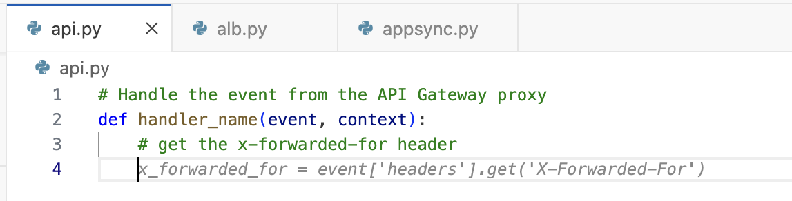 Screenshot of the AWS Lambda code editor showing a Python function. Q is suggesting code to extract the x-forwarded-for header.
