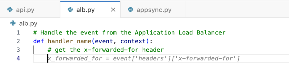 Screenshot of the AWS Lambda code editor showing a Python function. Q is suggesting code to extract the x-forwarded-for header.