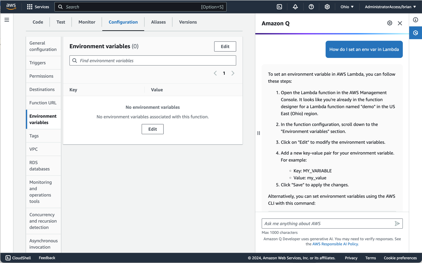 Screenshot of the AWS Lambda code showing the chat pane. Q is providing instructoins for creating an env var in Lambda.
