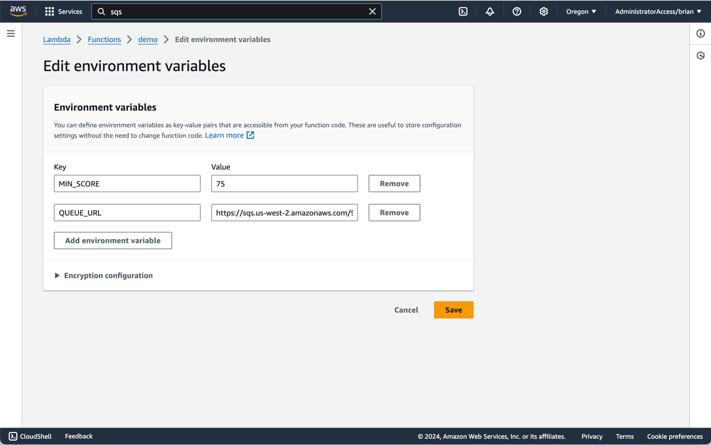 Screenshot of the AWS Lambda env var with the two variables created.