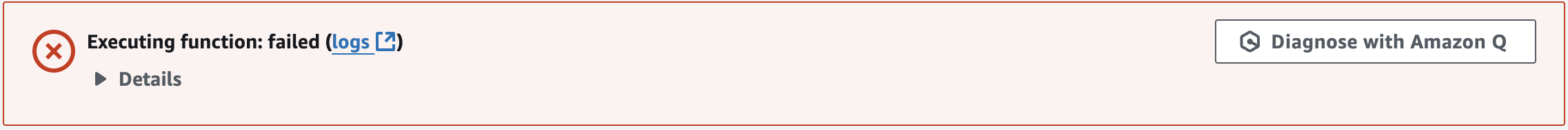 A Lambda error with the “Diagnose with Amazon Q” button shown
