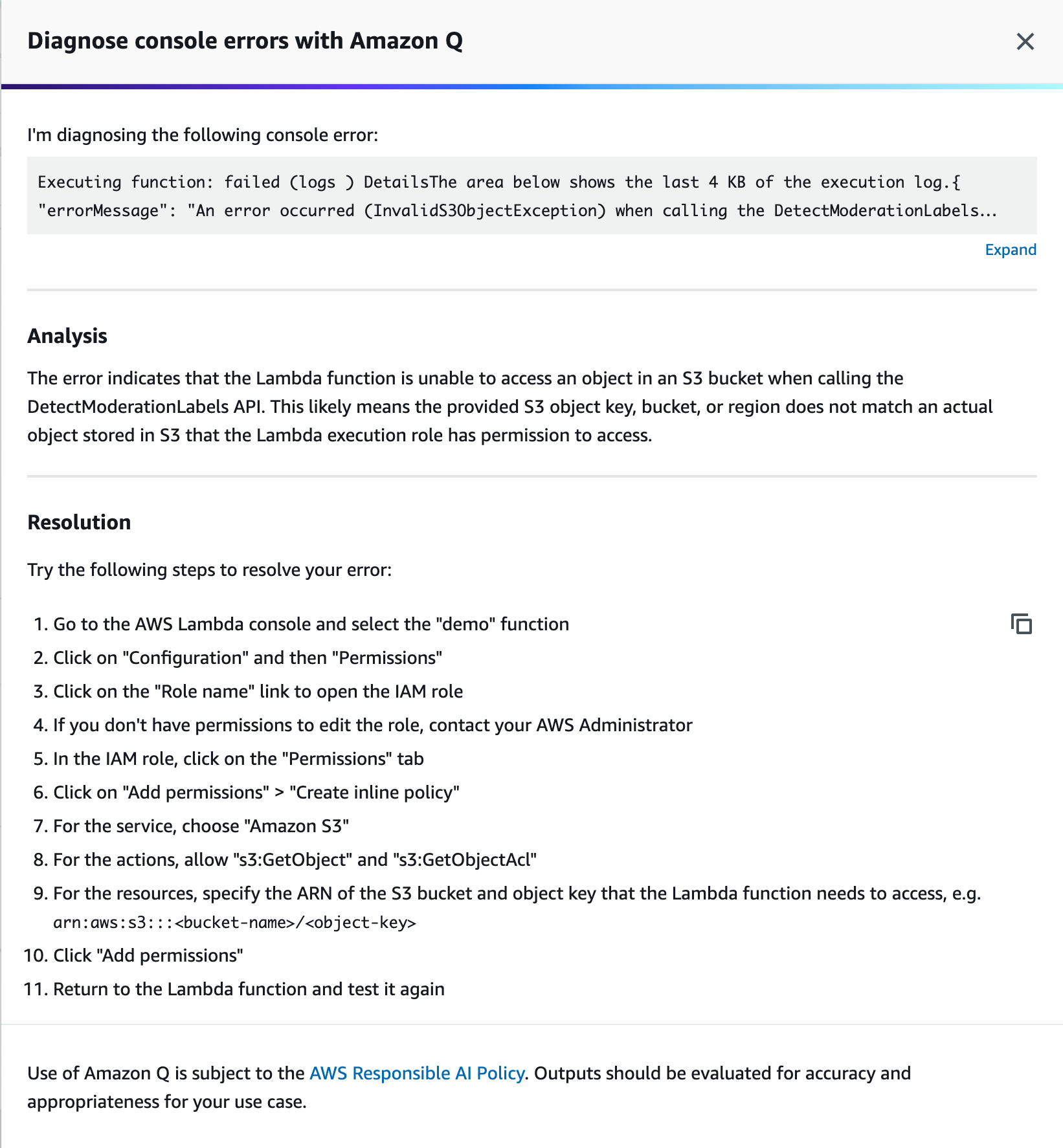 Amazon Q troubleshooting providing Analysis and resolution of the issue.