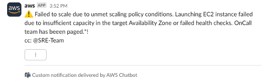 Notification from Chatbot on Slack indicating to the user that there is an issue.