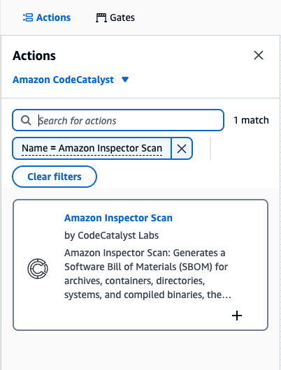 This diagram shows an Amazon CodeCatalyst Actions Catalog where the results are filtered based on your search. You can search for the "Amazon Inspect Scan" to be able to integrate that action into your Amazon CodeCatalyst workflow