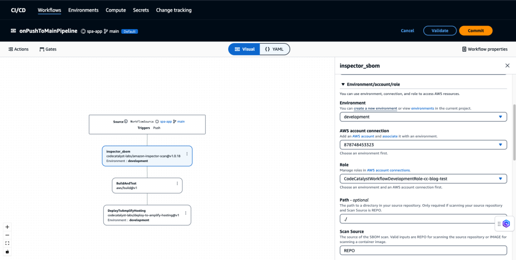 This diagram show the Amazon CodeCatalyst Workflow Screen with input options pre-filled. The inputs depend on whether you want to scan a local application or a container image