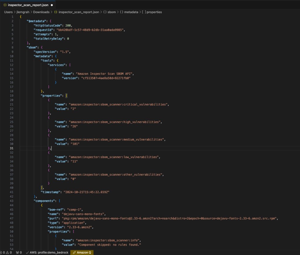 This diagram shows the Amazon Inspector Scan SBOM Artifact listing all the components that make up the software application. 