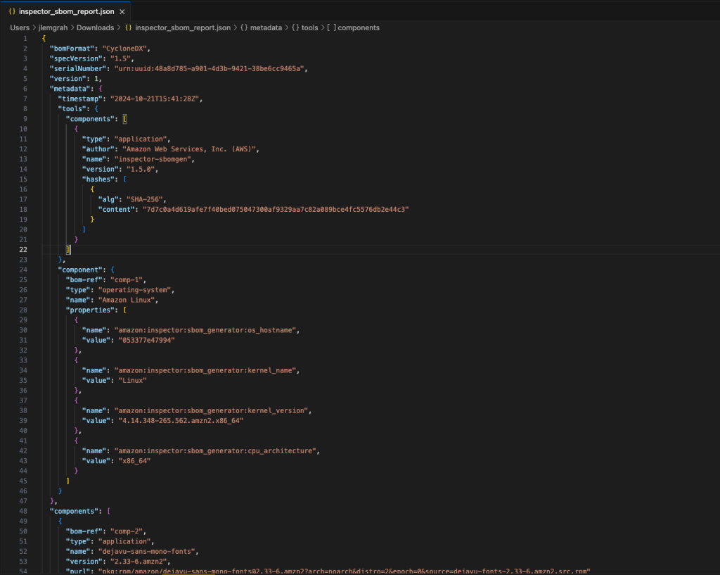 This diagram shows the Amazon Inspector Scan Vulnerability Artifact. You can see that there are 41 medium vulnerabilities and 32 high vulnerabilities. 