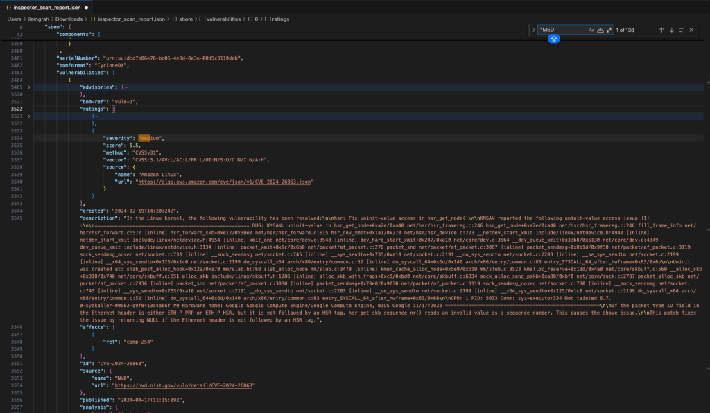 This diagram is a continuation of the Amazon Inspector Scan Vulnerability Artifact. The scan report details the vulnerabilities, links to the affected components, and contains information on the vulnerability like description and CVE reference identifier