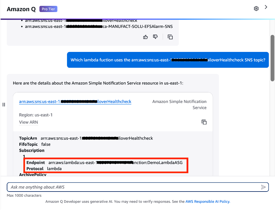 User entering prompting Amazon Q Developer chat with a follow up question in the AWS management console about which Lambda is associated with an SNS topic.