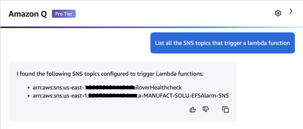 User entering prompt Amazon Q Developer chat in the AWS management console about listing all SNS topics that trigger a lambda function and Amazon Q listing the SNS topics as an output.