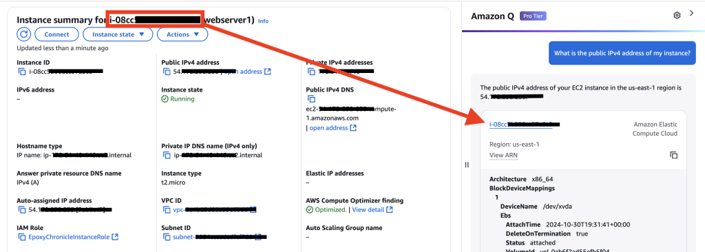 User entering prompt Amazon Q Developer chat in the AWS management console about what the IP address is of the instance on the page.