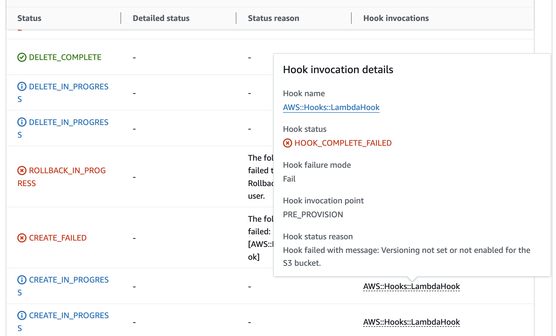 Lambda Hooks Failure stack