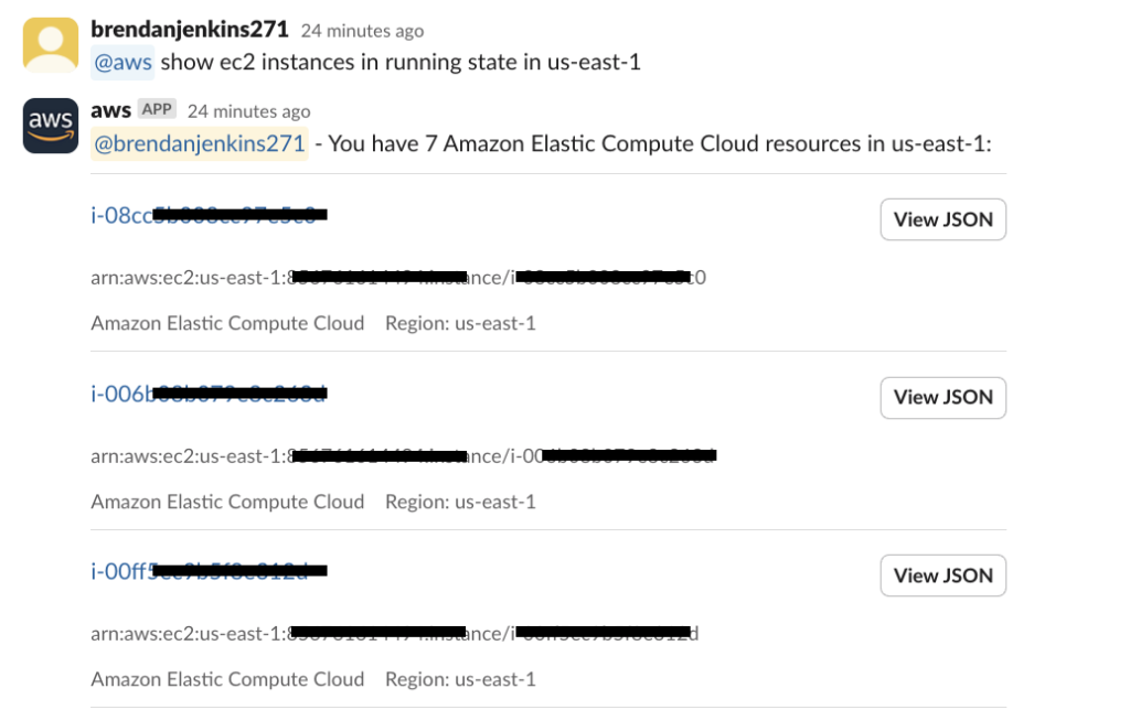 User entering prompt in slack to ask the AWS Chatbot about EC2 resources and Amazon Q responding