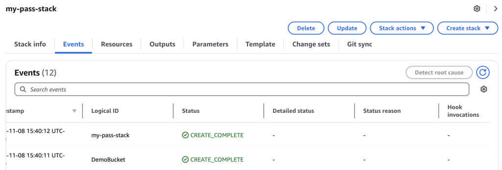 Screenshot of the AWS CloudFormation 'Events' tab for a stack named "my-pass-stack." The CloudFormation stack shows successful deployment.