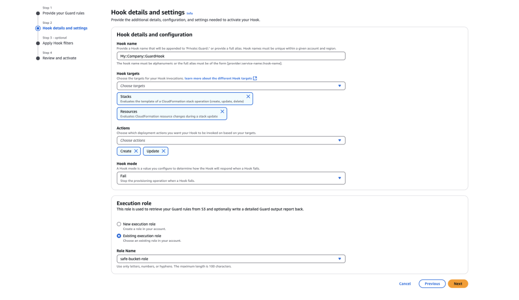 Screenshot of the AWS CloudFormation interface showing the 'Hook details and settings' step in the 'Create a Hook with Guard' workflow.
