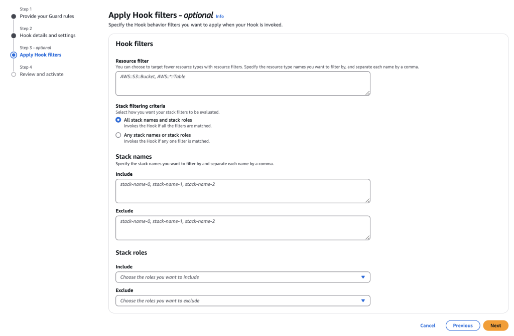 Screenshot of the AWS CloudFormation interface showing the 'Apply Hook filters (optional)' step in the 'Create a Hook with Guard' workflow.