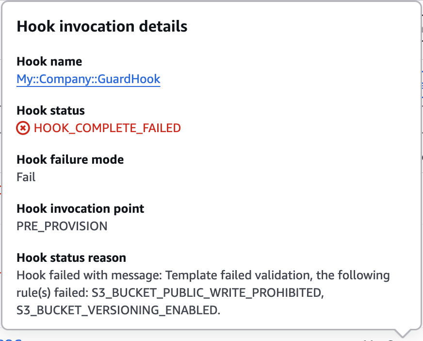 Screenshot of the 'Hook invocation details' dialog in AWS CloudFormation. The dialog displays the Hook name as 'My::Company::GuardHook,' shown as a clickable link. The Hook status is 'HOOK_COMPLETE_FAILED,' highlighted in red with an error icon. The failure mode is set to 'Fail,' and the invocation point is 'PRE_PROVISION.' The status reason explains that the Hook failed validation due to the following rules being violated: 'S3_BUCKET_PUBLIC_WRITE_PROHIBITED' and 'S3_BUCKET_VERSIONING_ENABLED.