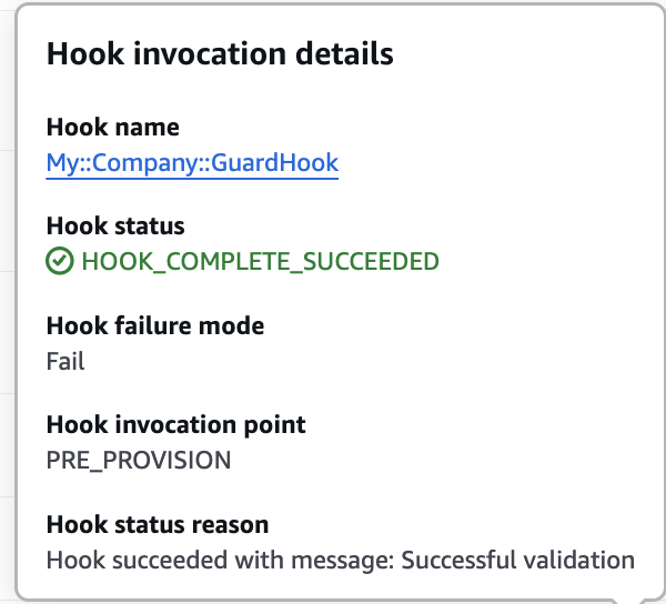 Screenshot of the 'Hook invocation details' dialog in AWS CloudFormation. The dialog displays the Hook name as 'My::Company::GuardHook,' shown as a clickable link. The Hook status is 'HOOK_COMPLETE_SUCCEEDED,' highlighted in green with a success icon. The failure mode is set to 'Fail,' and the invocation point is 'PRE_PROVISION.' The status reason indicates success with the message: 'Hook succeeded with message: Successful validation.