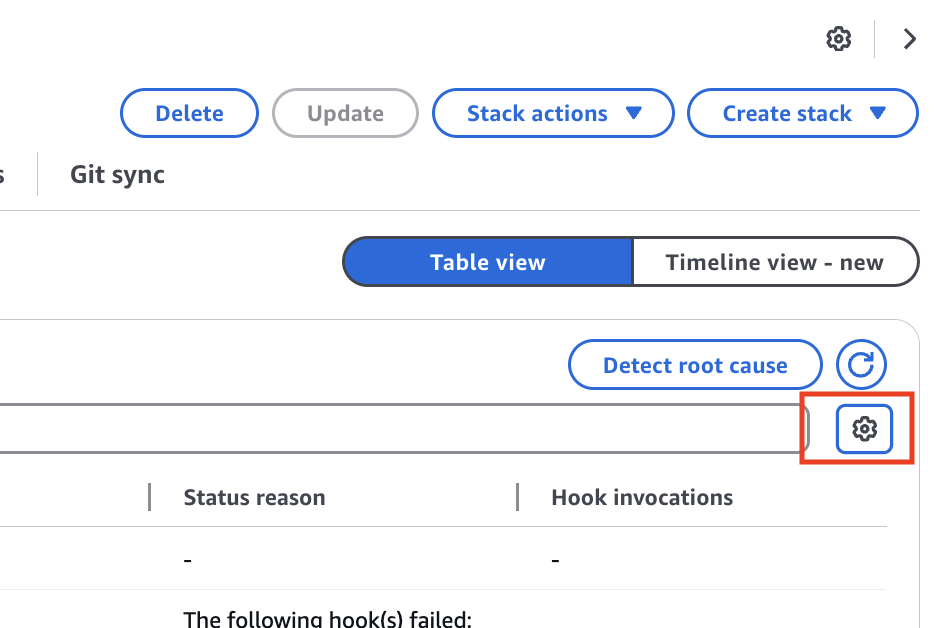 Screenshot of an AWS CloudFormation interface showing how to enable Hook invocations output.