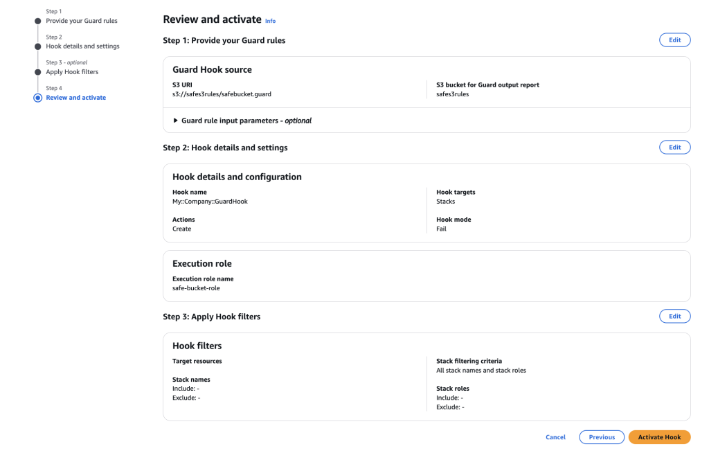 Screenshot of the AWS CloudFormation interface showing the 'Hook details and settings' step in the 'Create a Hook with Guard' workflow.