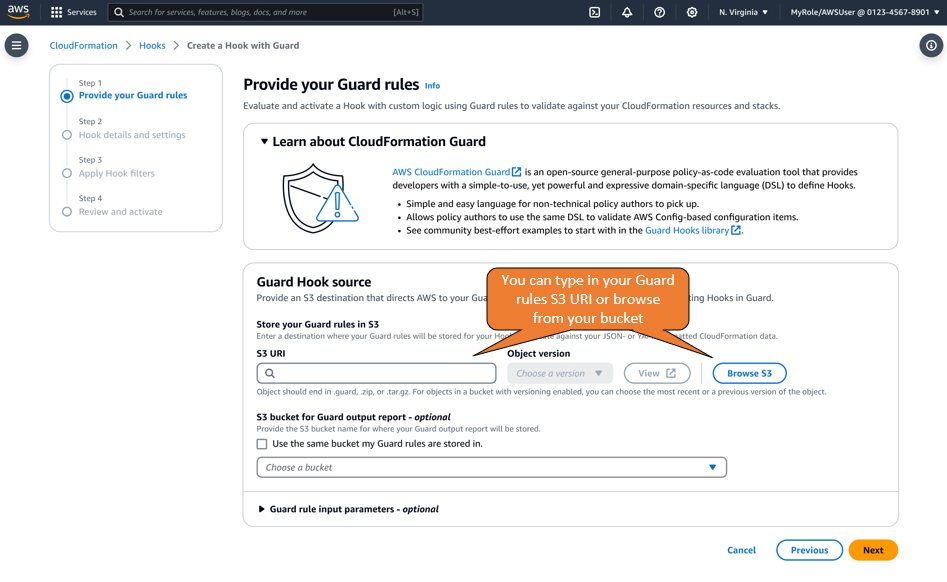 Screenshot of the AWS CloudFormation interface showing the 'Provide your Guard rules' step in the 'Create a Hook with Guard' workflow.