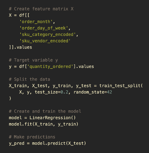 Image showing the python code generated to predict quantity_ordered value.