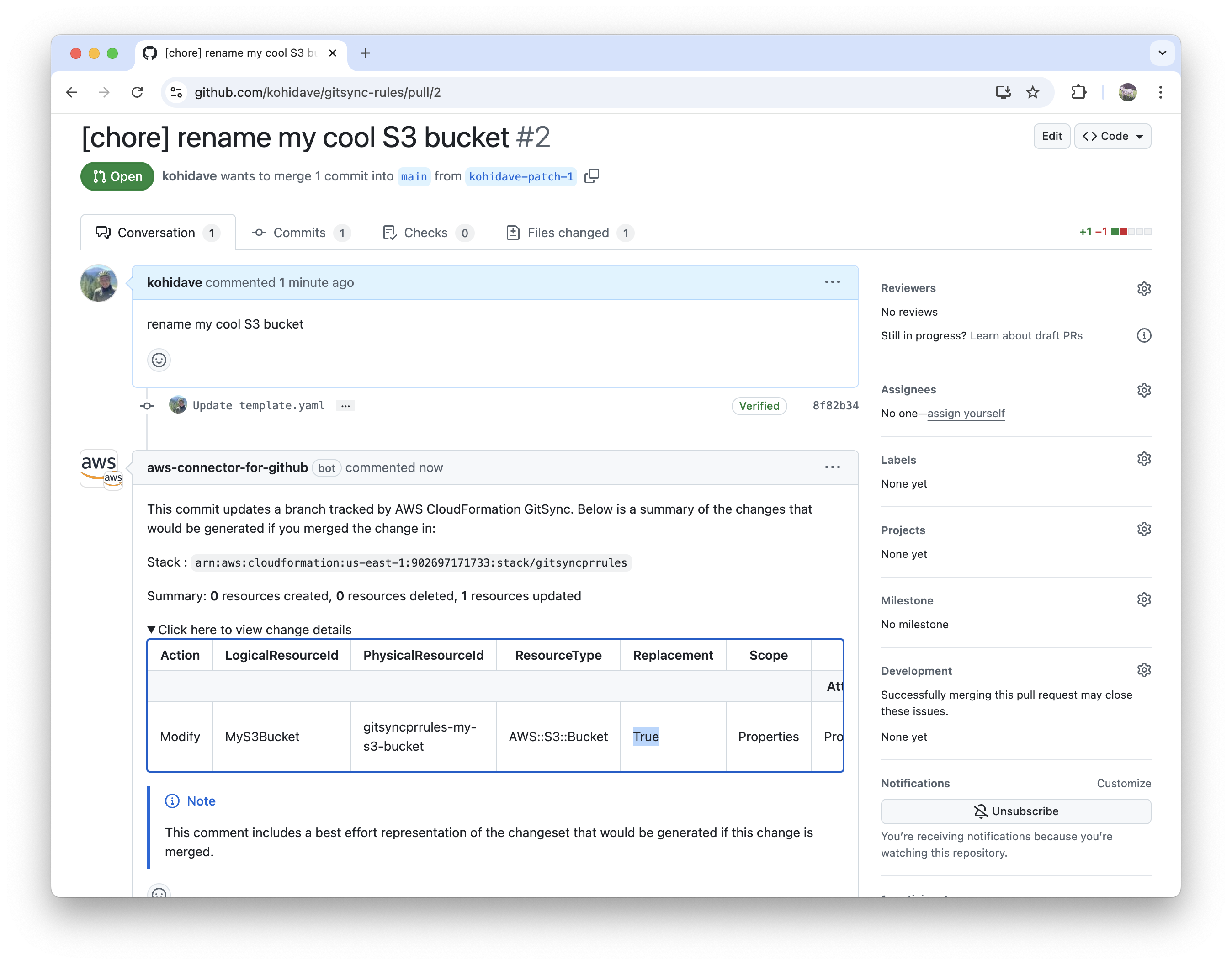 CloudFormation Git sync with request review support feature