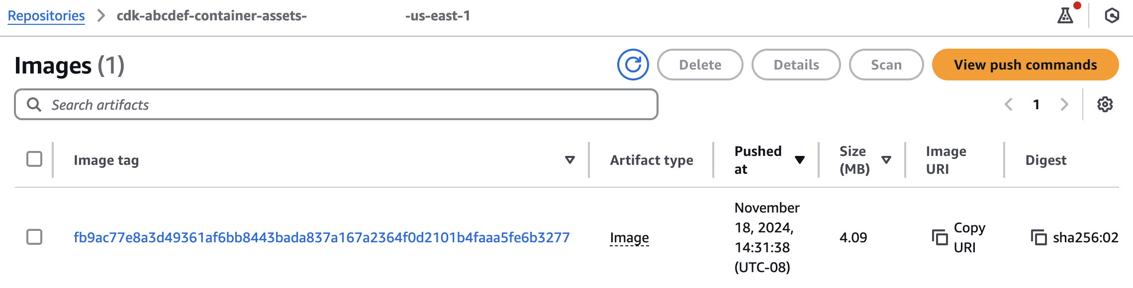 1 Image exists in the bootstrapped Amazon ECR Repository after the initial AWS CDK Deploy.