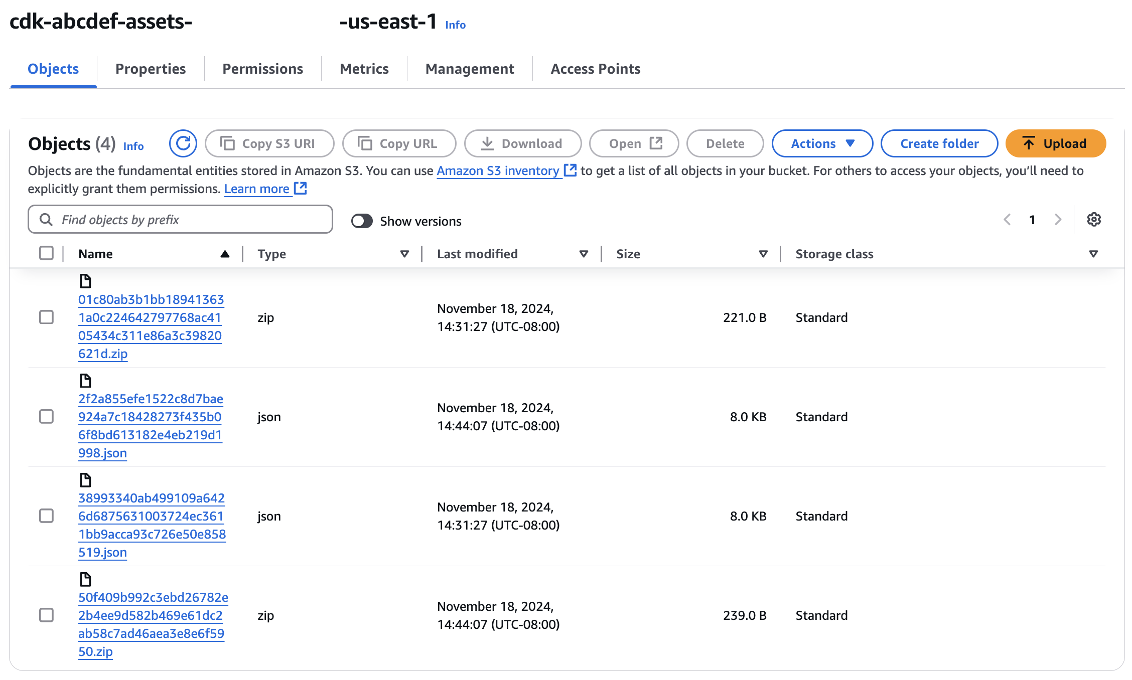 4 Objects exist in the bootstrapped Amazon S3 Bucket after the second AWS CDK Deploy.