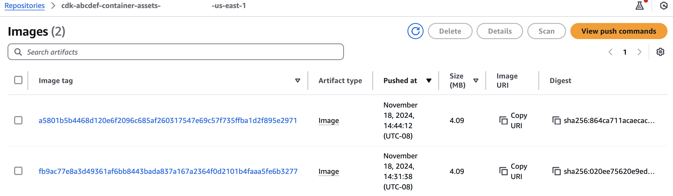 2 Images exist in the bootstrapped Amazon ECR Repository after the second AWS CDK Deploy.