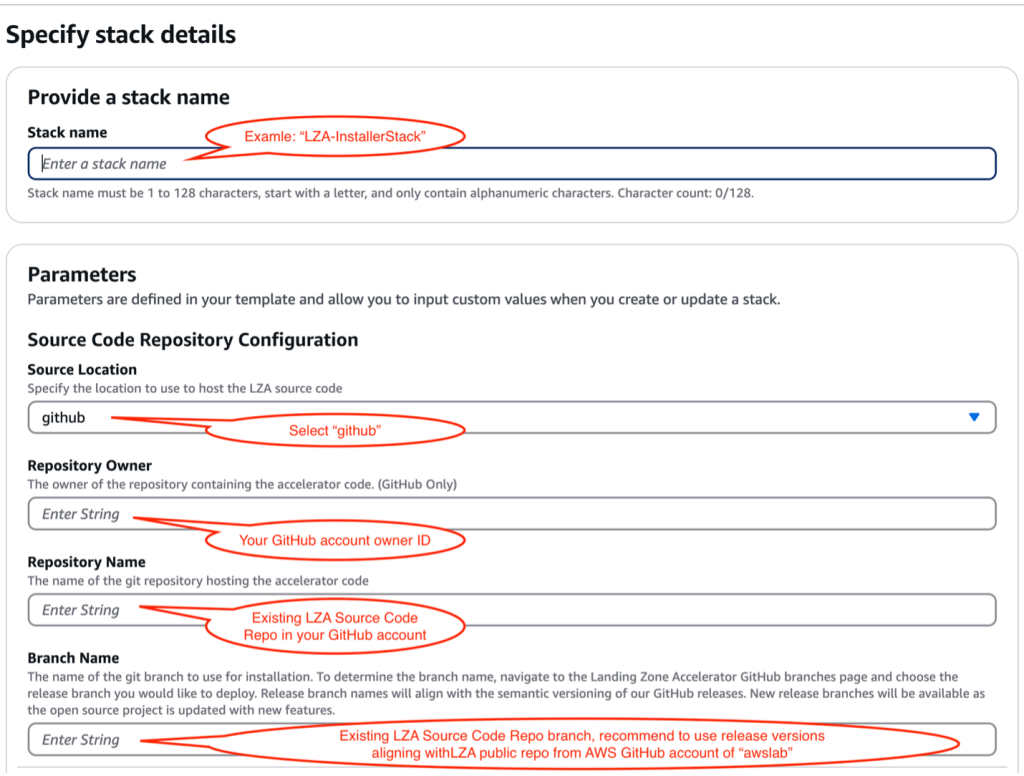 a screenshot of a set of parameters setting of LZA source code repo in a cloudformation stack