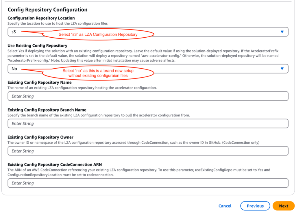 a screenshot of a set of parameters setting of LZA configuration repo in a cloudformation stack