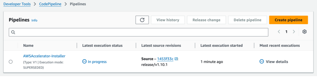 a screenshot showing LZA installer pipeline created in AWS CodePipeline successfully