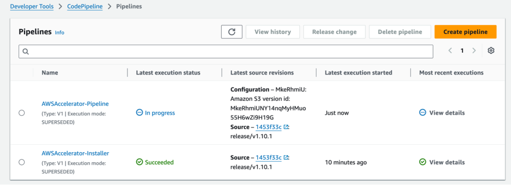a screenshot showing LZA core pipeline created in AWS CodePipeline successfully