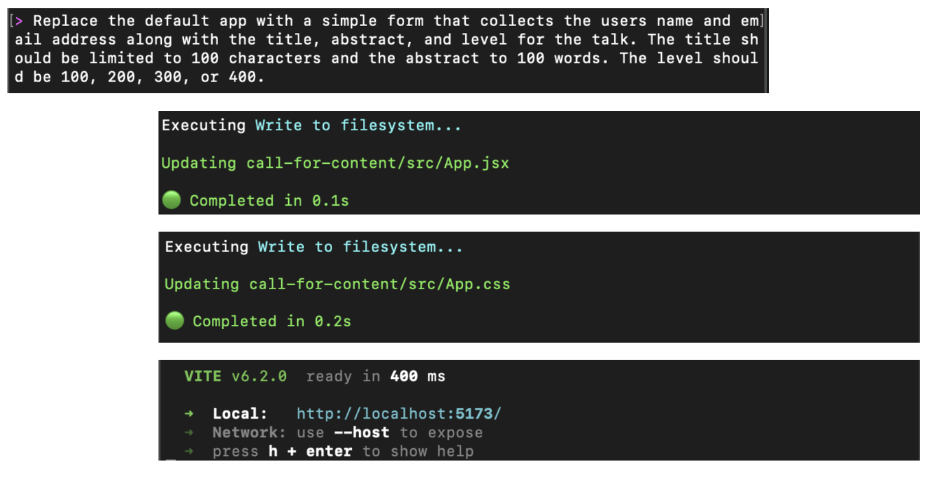 Terminal screenshot showing Amazon Q Developer processing a request to create a form application. The sequence shows: a prompt requesting a form with specific fields, followed by status messages indicating updates to App.jsx (completed in 0.1s) and App.css (completed in 0.2s), and ending with a Vite server startup message showing the local development server running at http://localhost:5173.