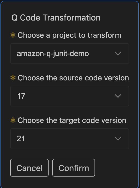 Q Code Transformation dialog showing Java 17 selected as the source version and Java 21 selected as the target version.