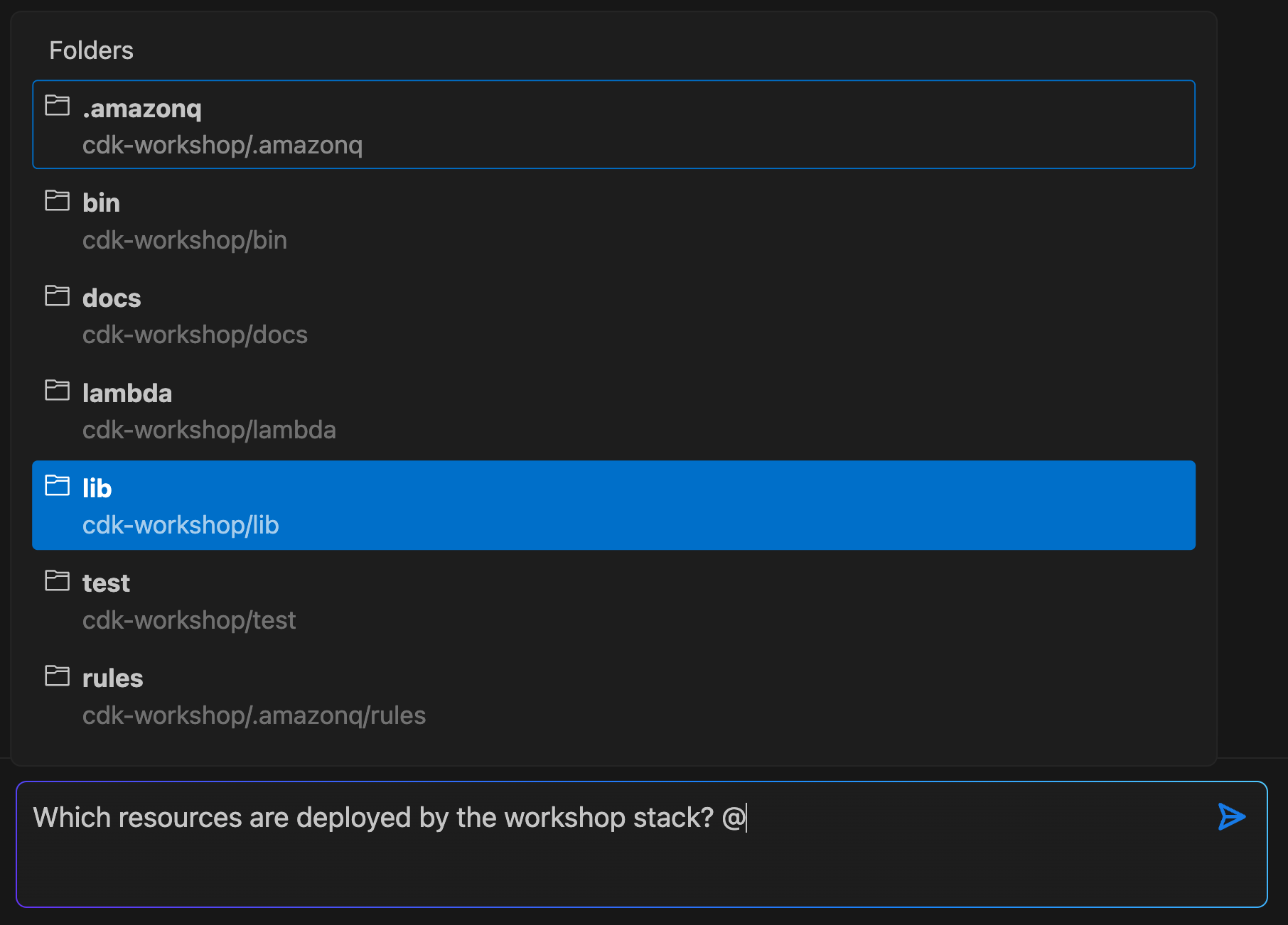 A screenshot of Q with the prompt “Which resources are deployed by the workshop stack? @” Q is also showing the picker to complete the modifier. The picker lists the folders in the project and lib is currently selected.